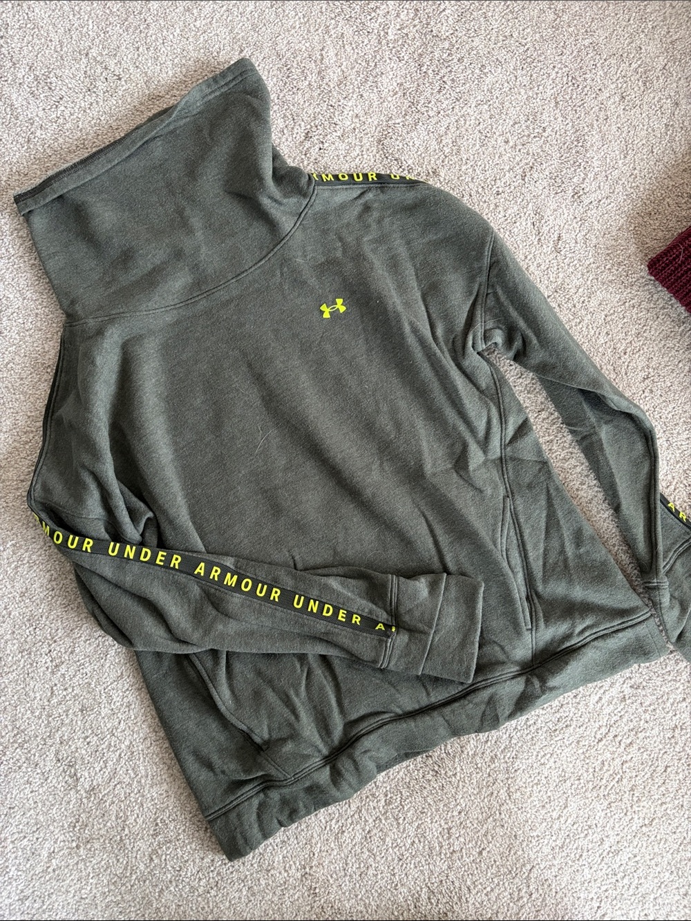 Under Armour Olive Hoodie with Neon Yellow Logo Tape